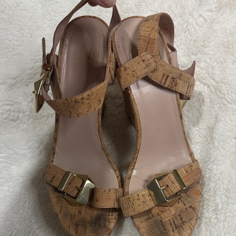 Stuart Weitzman Cork Wedge Sandals with‎ Gold Buckle